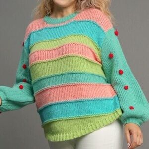 Umgee • Striped Color Block Pom Pom Sweater